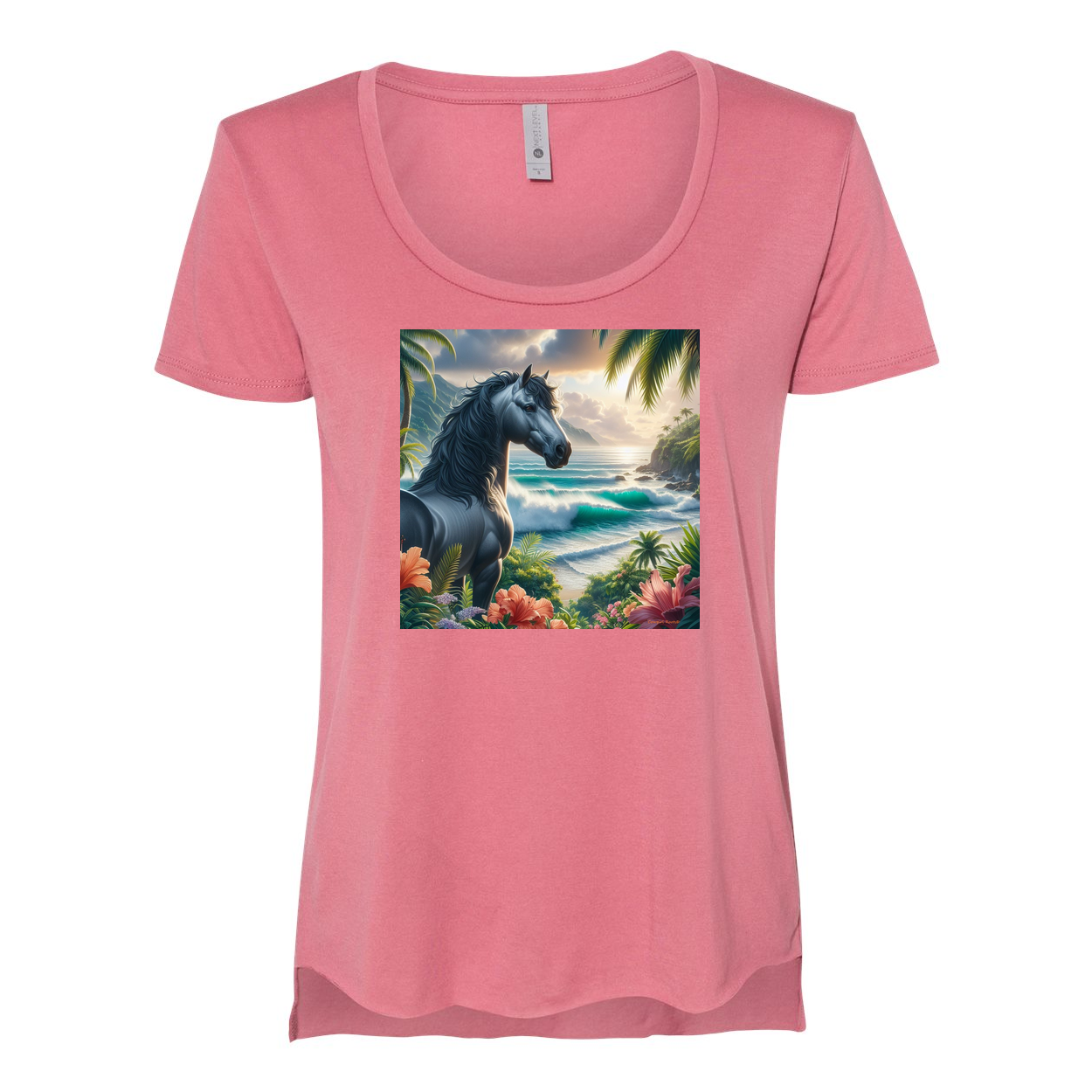 Tropical Grey Stallion Horse Scoop Neck T Shirts