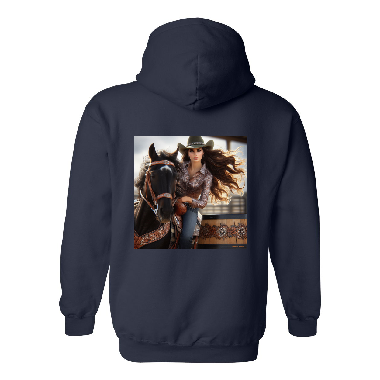 Rodeo Barrel Racer Design on Back Front Pocket Hoodies