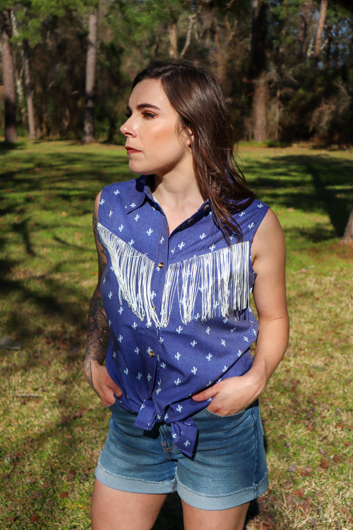 Cactus Dreams Cowboy Girl Fringe Yoke Sleeveless Top