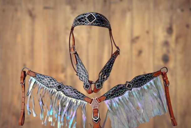 Octavia Black AB Bling Headstall Breast Collar Set Fringe Wither Strap