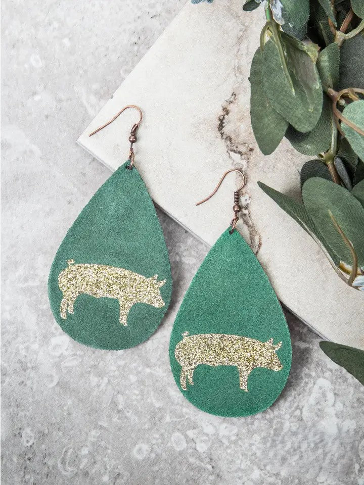 Teardrop Earrings with Gold Glitter Pig, Turquoise Suede
