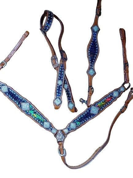 Black Croc AB Finish, Headstall Breast Collar Set, Wither Strap