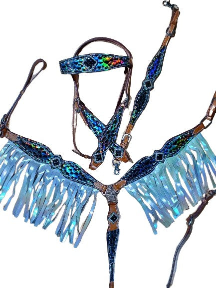 Octavia Black AB Bling Headstall Breast Collar Set Fringe Wither Strap