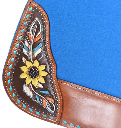 31" x 32" x 1" Turquoise Felt Saddle Pad with Hand Painted Sunflower and Feather Design