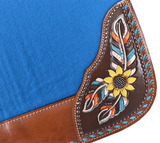 31" x 32" x 1" Turquoise Felt Saddle Pad with Hand Painted Sunflower and Feather Design