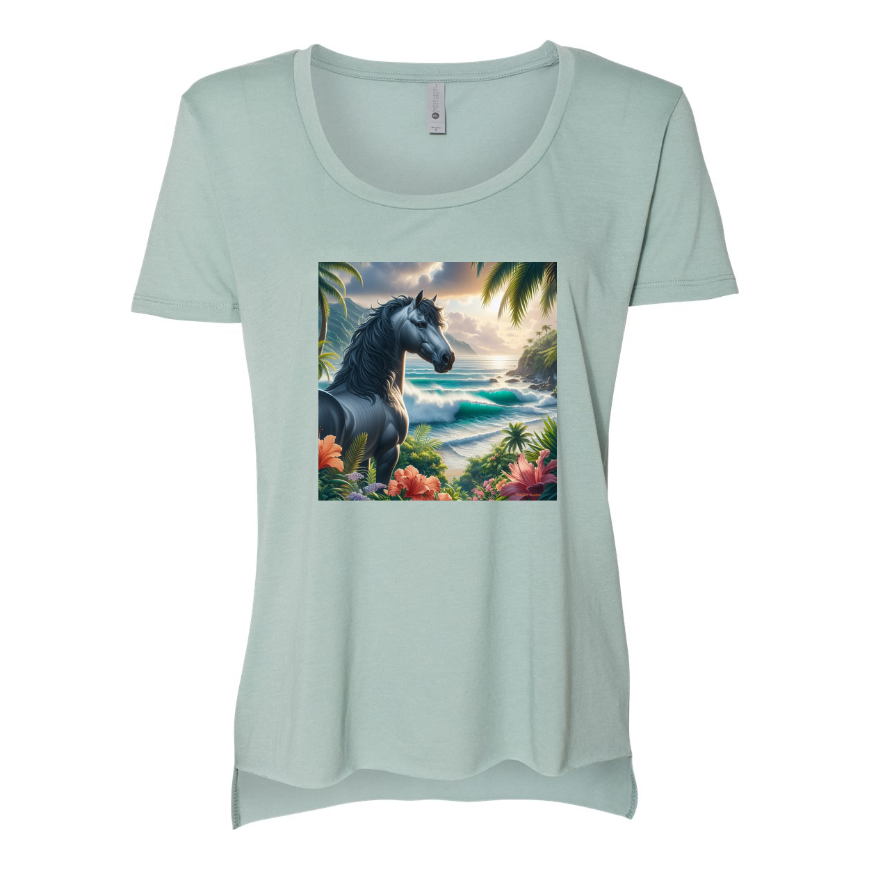 Tropical Grey Stallion Horse Scoop Neck T Shirts