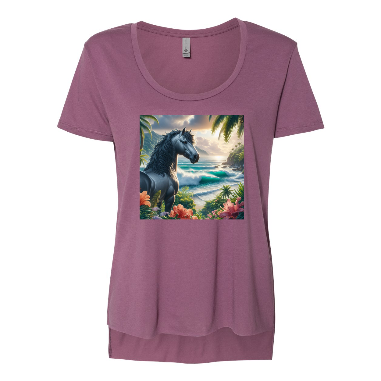 Tropical Grey Stallion Horse Scoop Neck T Shirts