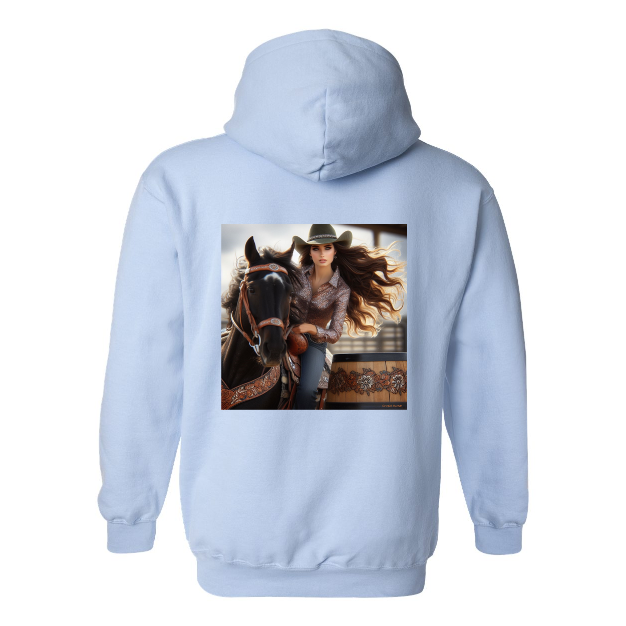 Rodeo Barrel Racer Design on Back Front Pocket Hoodies