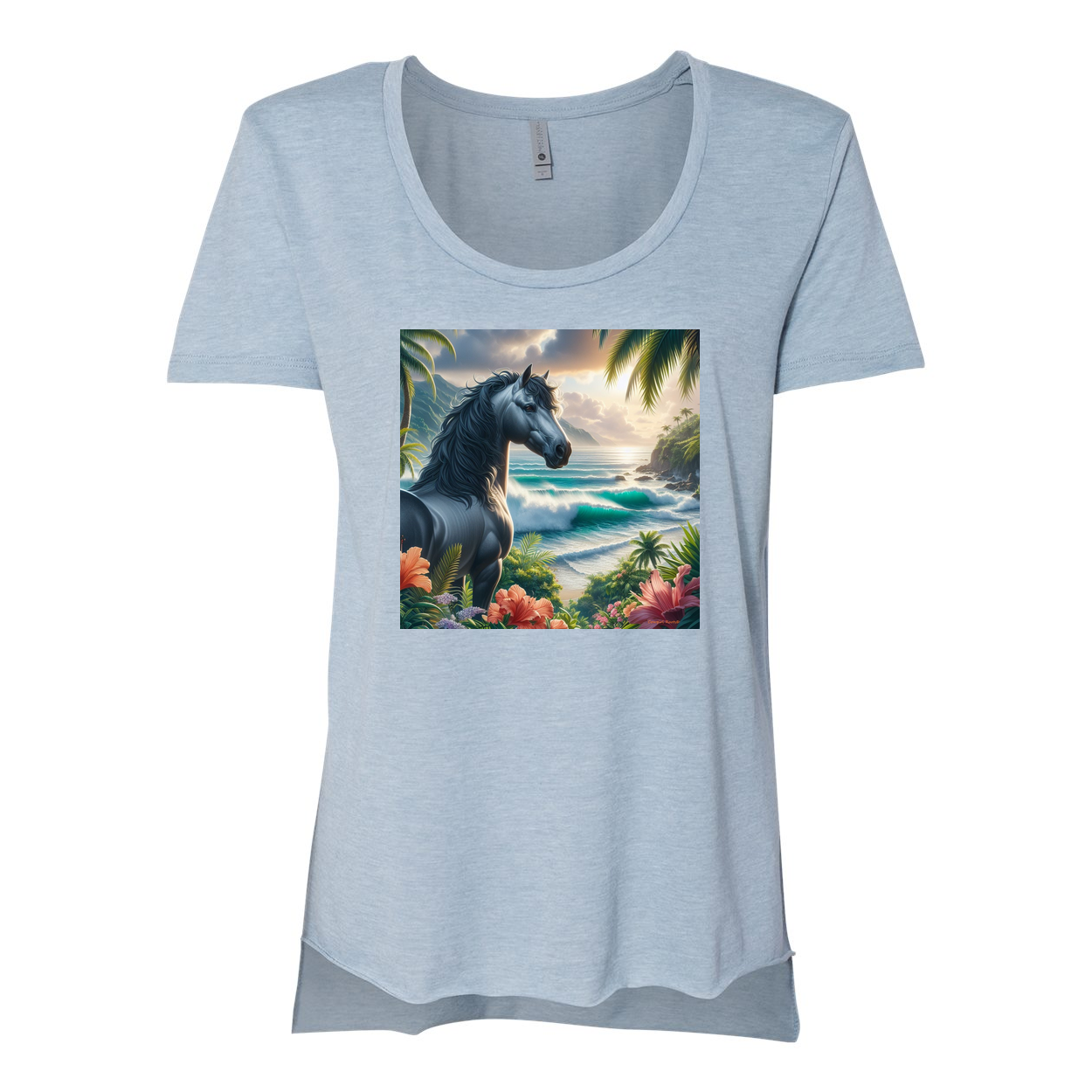Tropical Grey Stallion Horse Scoop Neck T Shirts