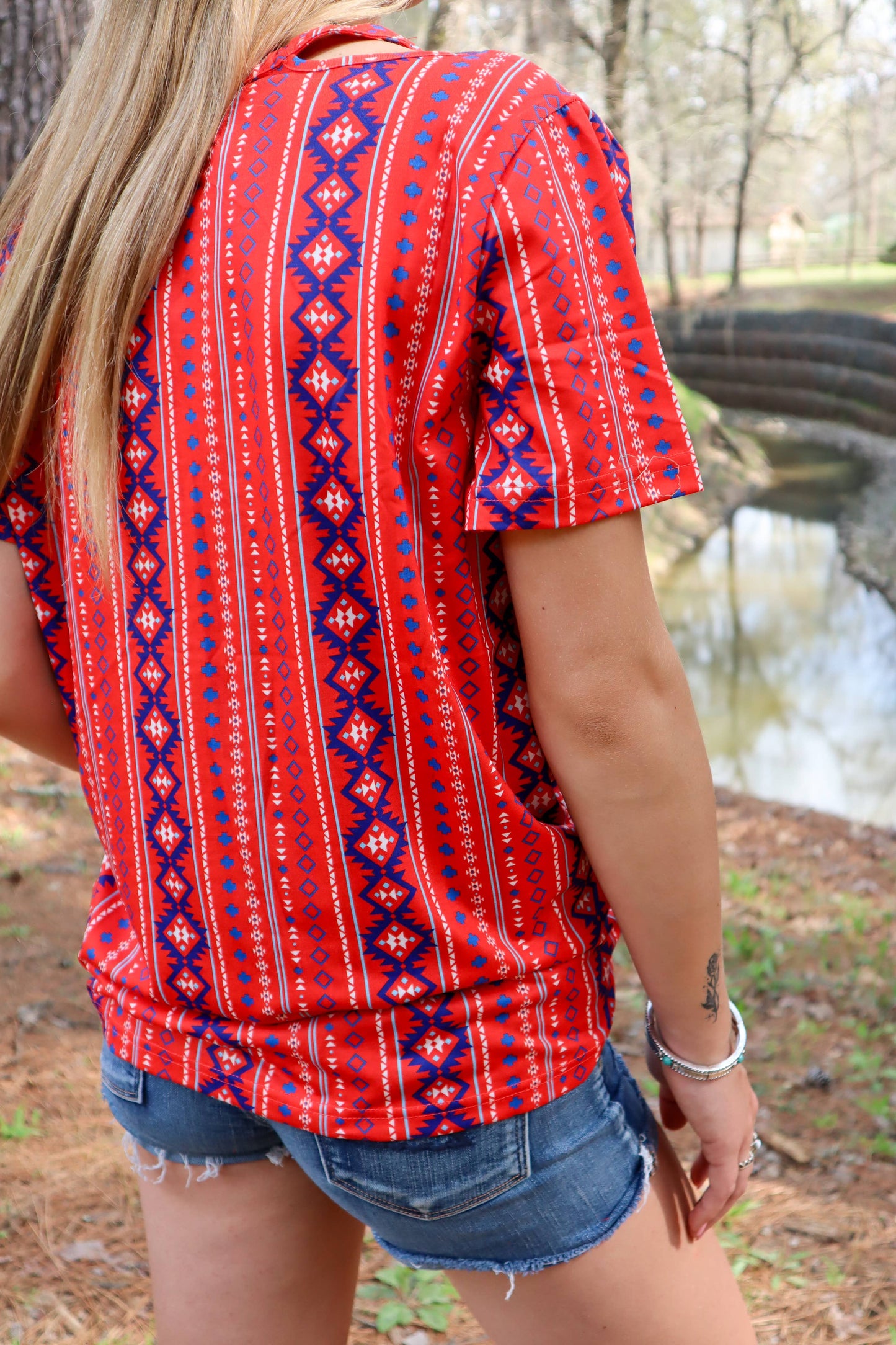 Missing Piece Cutout V-Neck Tee ~ Aztec Red