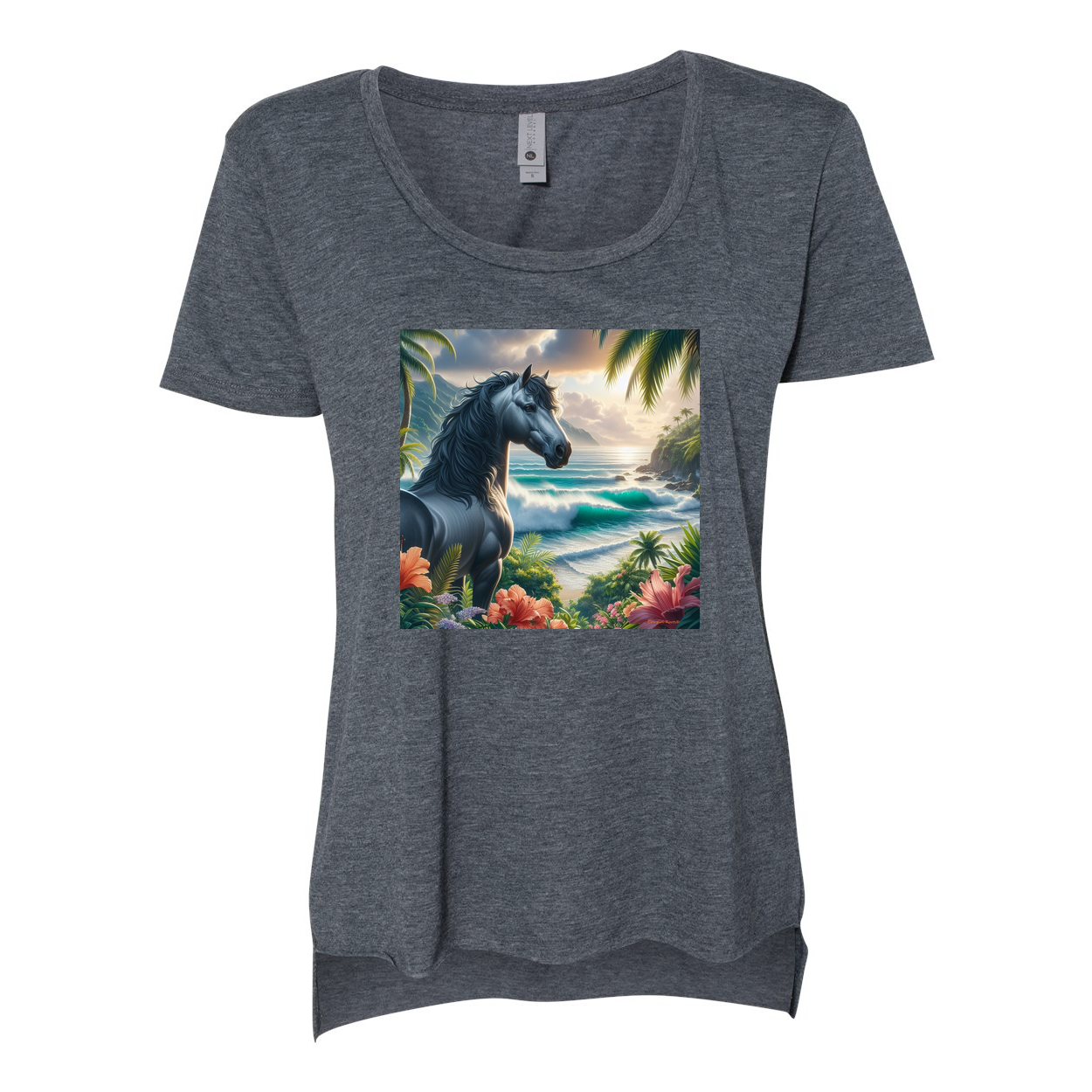 Tropical Grey Stallion Horse Scoop Neck T Shirts