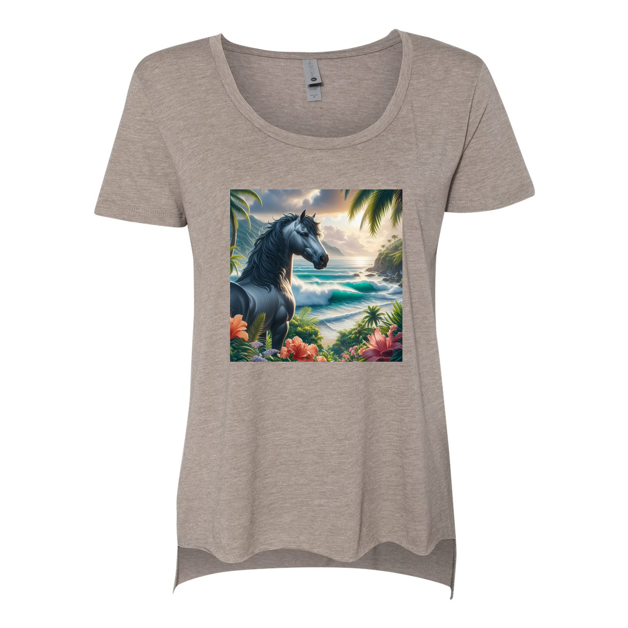 Tropical Grey Stallion Horse Scoop Neck T Shirts