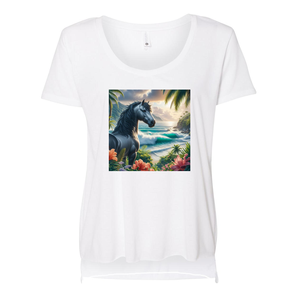 Tropical Grey Stallion Horse Scoop Neck T Shirts