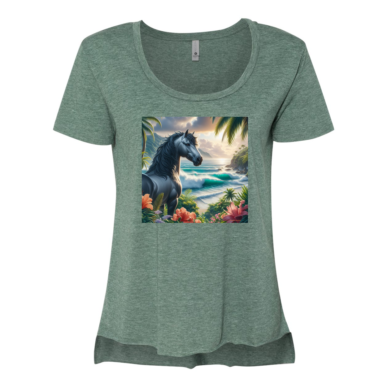 Tropical Grey Stallion Horse Scoop Neck T Shirts