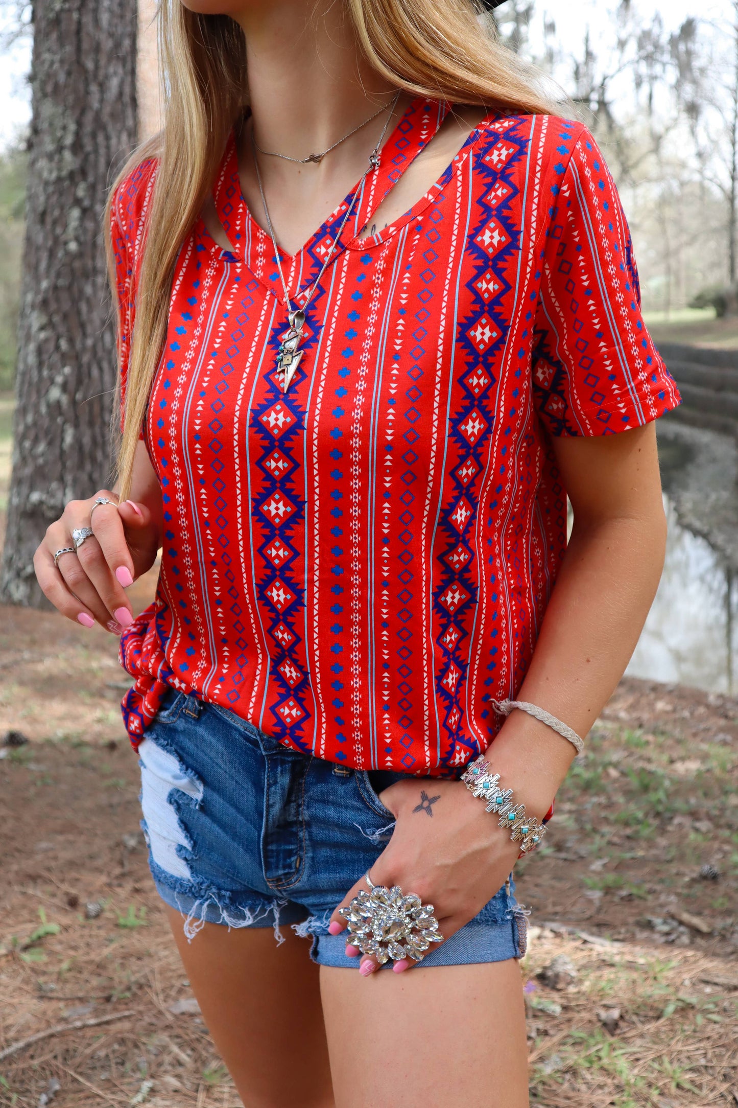 Missing Piece Cutout V-Neck Tee ~ Aztec Red