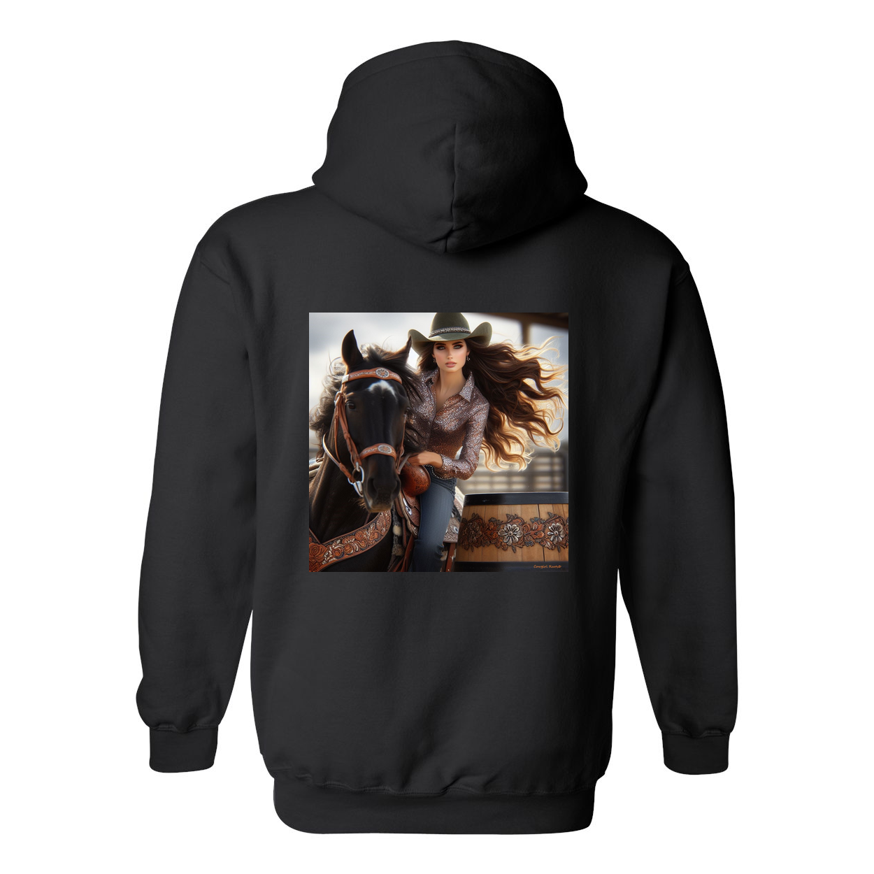 Rodeo Barrel Racer Design on Back Front Pocket Hoodies