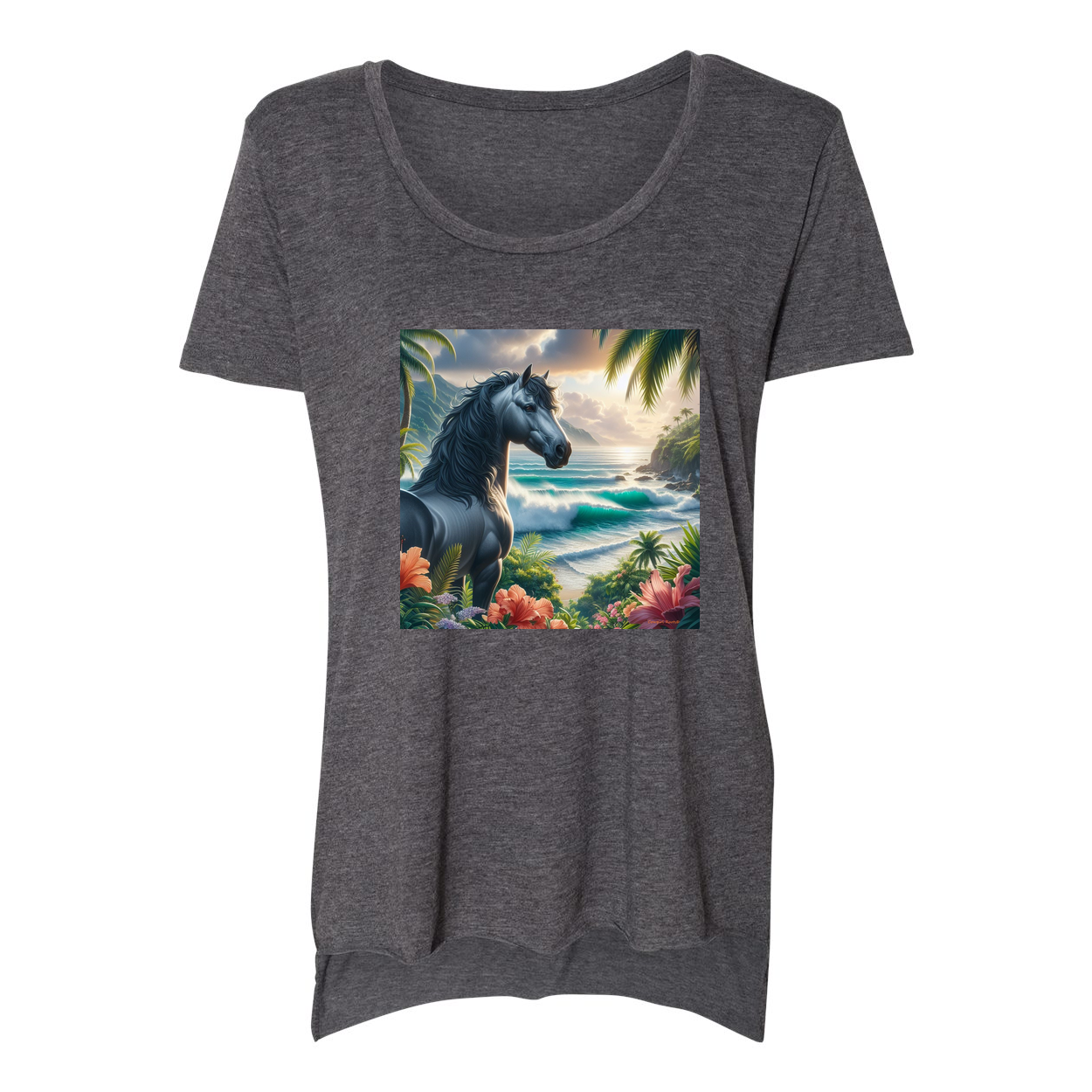 Tropical Grey Stallion Horse Scoop Neck T Shirts