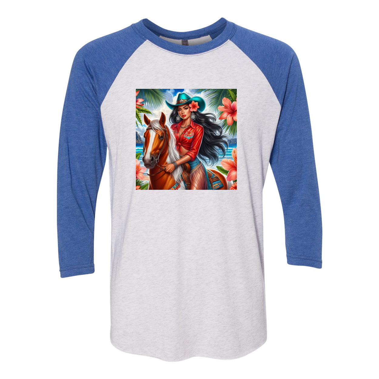 Hawaiian Cowgirl on Horse 3 4 Sleeve Raglan T Shirts