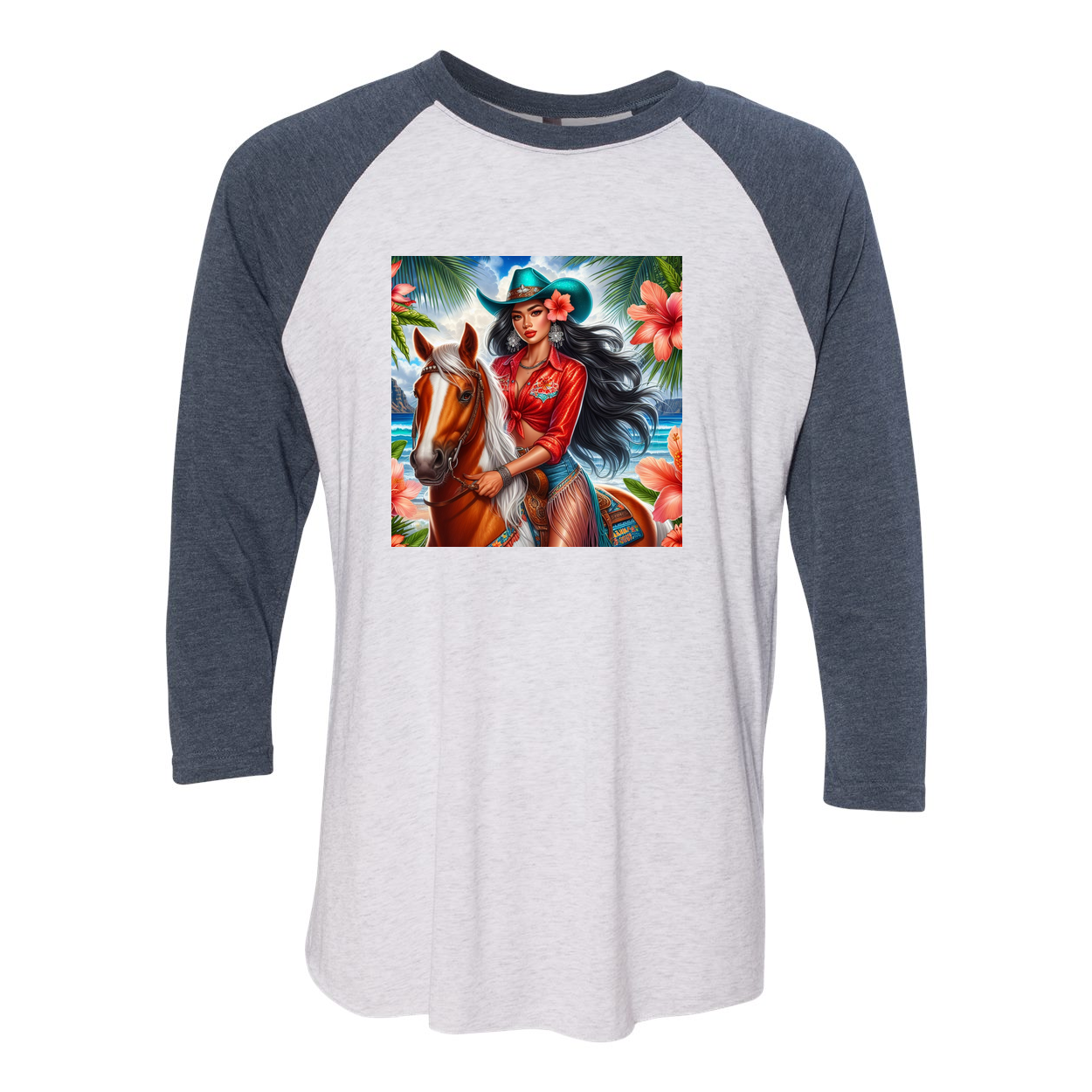 Hawaiian Cowgirl on Horse 3 4 Sleeve Raglan T Shirts