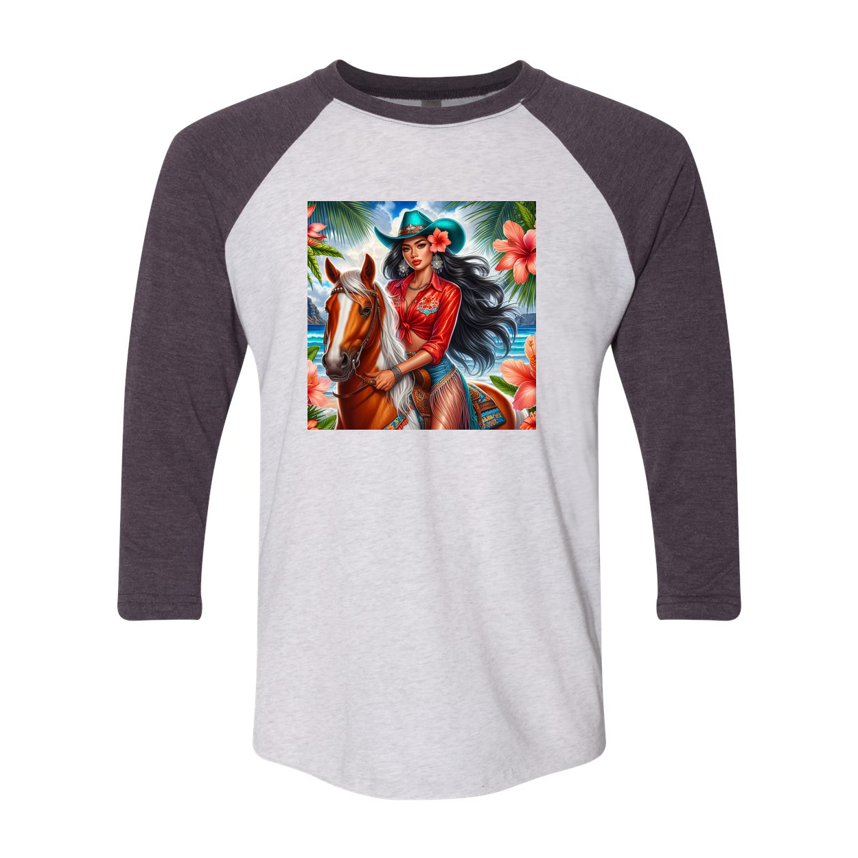 Hawaiian Cowgirl on Horse 3 4 Sleeve Raglan T Shirts