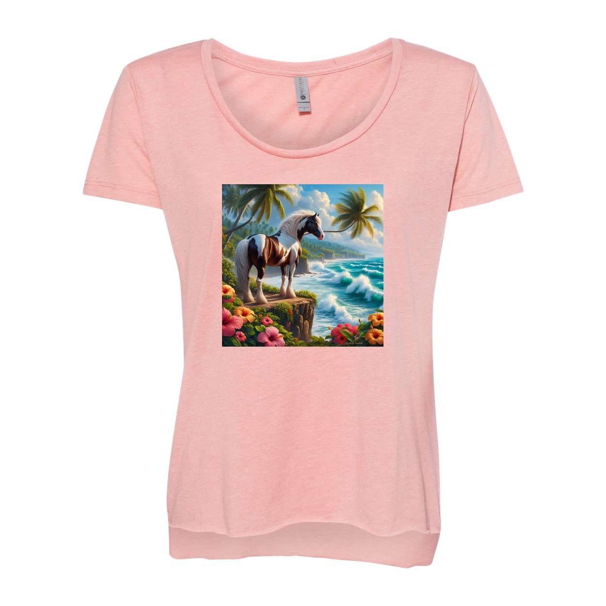 Tropical Red and White Horse Scoop Neck T Shirts