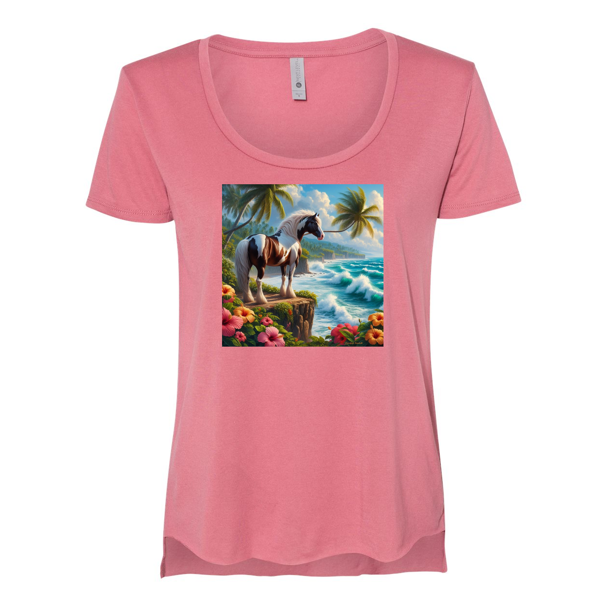 Tropical Red and White Horse Scoop Neck T Shirts