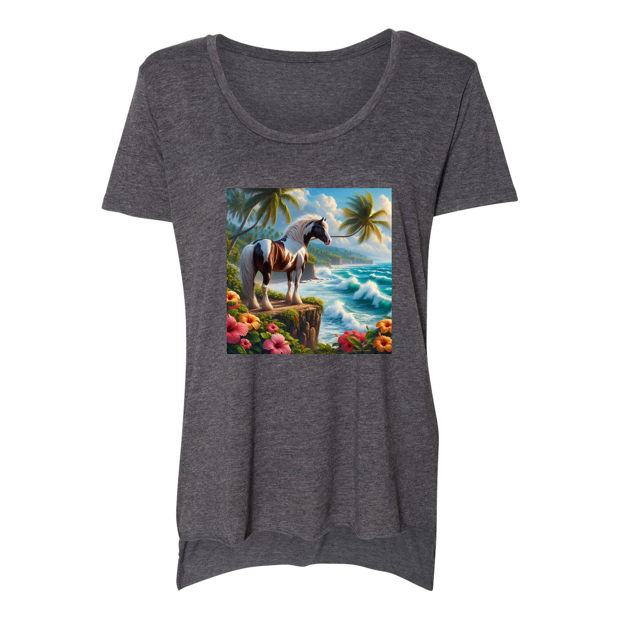 Tropical Red and White Horse Scoop Neck T Shirts