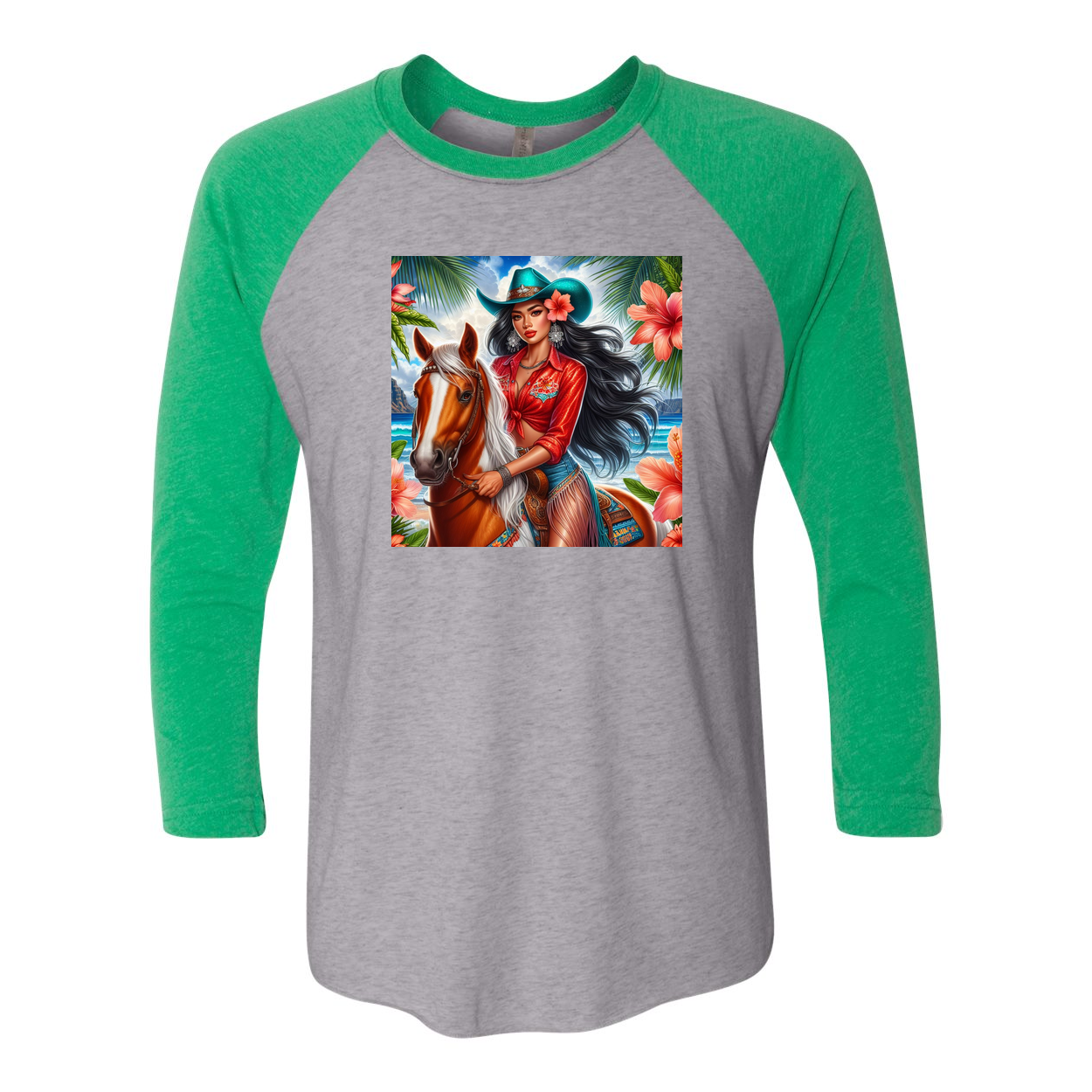 Hawaiian Cowgirl on Horse 3 4 Sleeve Raglan T Shirts