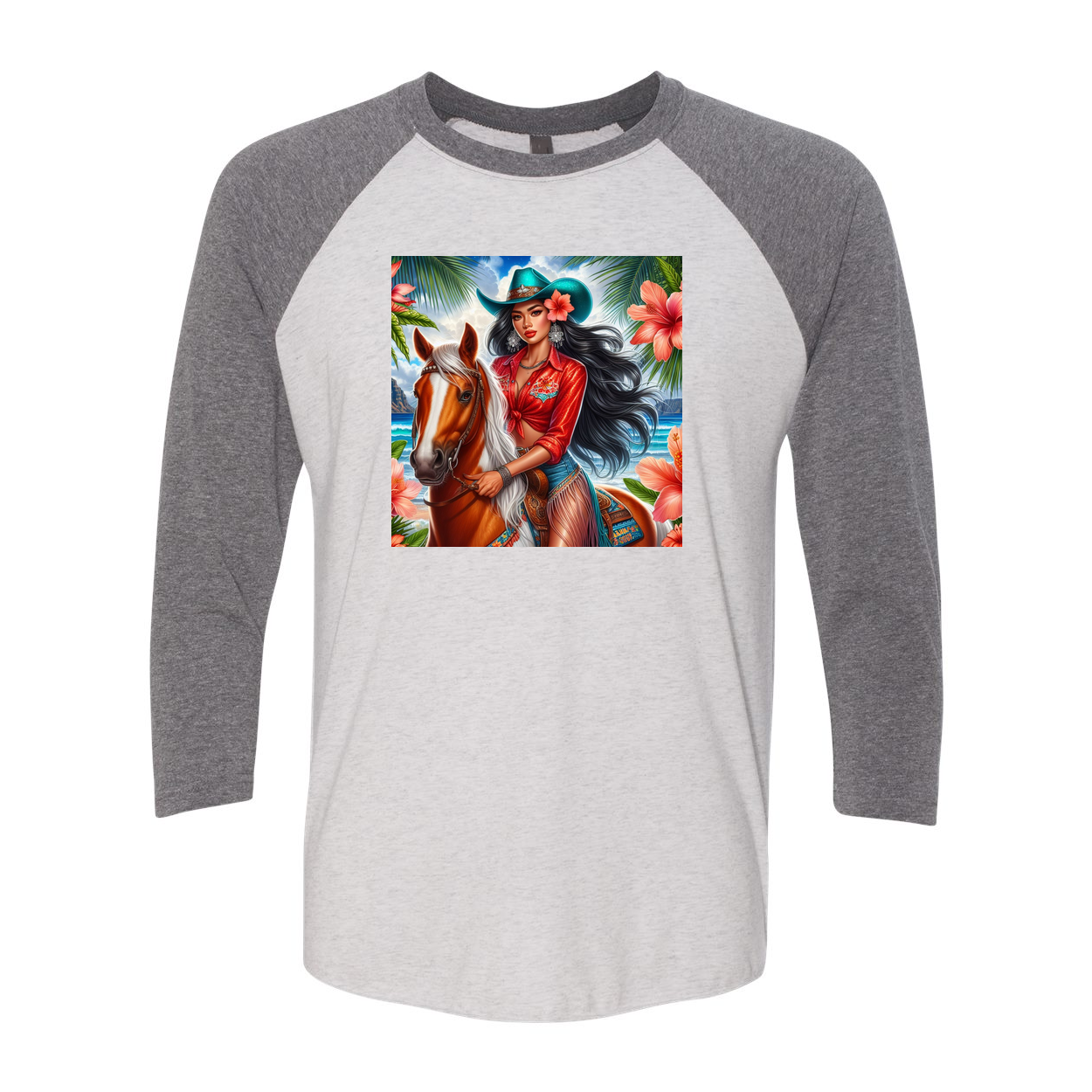 Hawaiian Cowgirl on Horse 3 4 Sleeve Raglan T Shirts