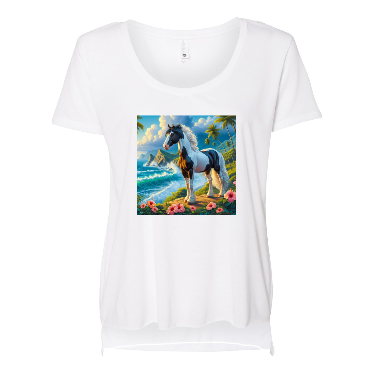 Tropical Black and White Paint Horse Scoop Neck T Shirts