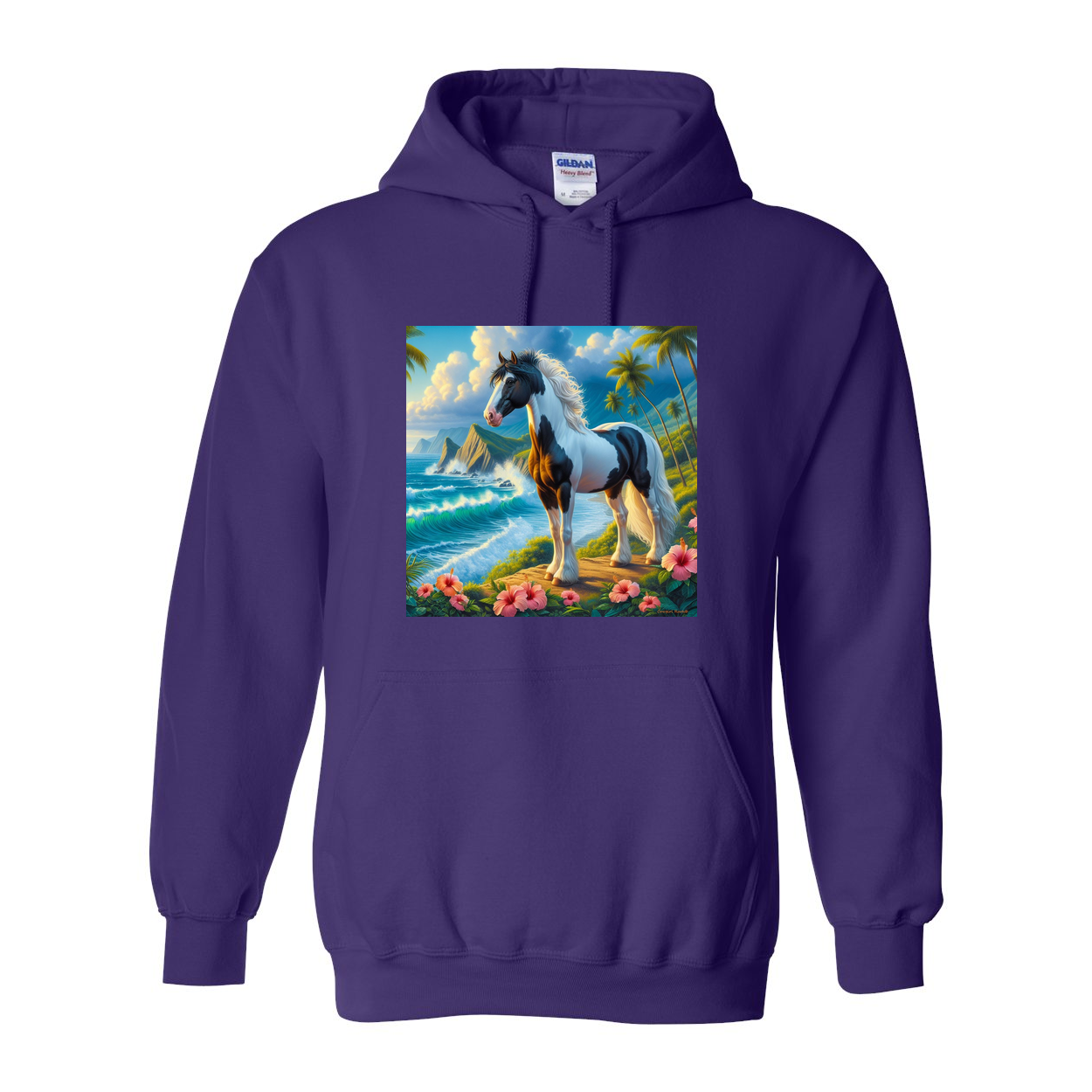 Tropical Black and White Paint Horse Pull over Front Pocket Hoodies