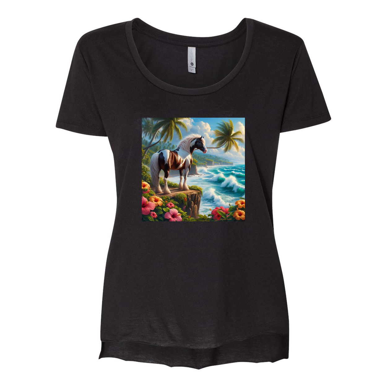 Tropical Red and White Horse Scoop Neck T Shirts