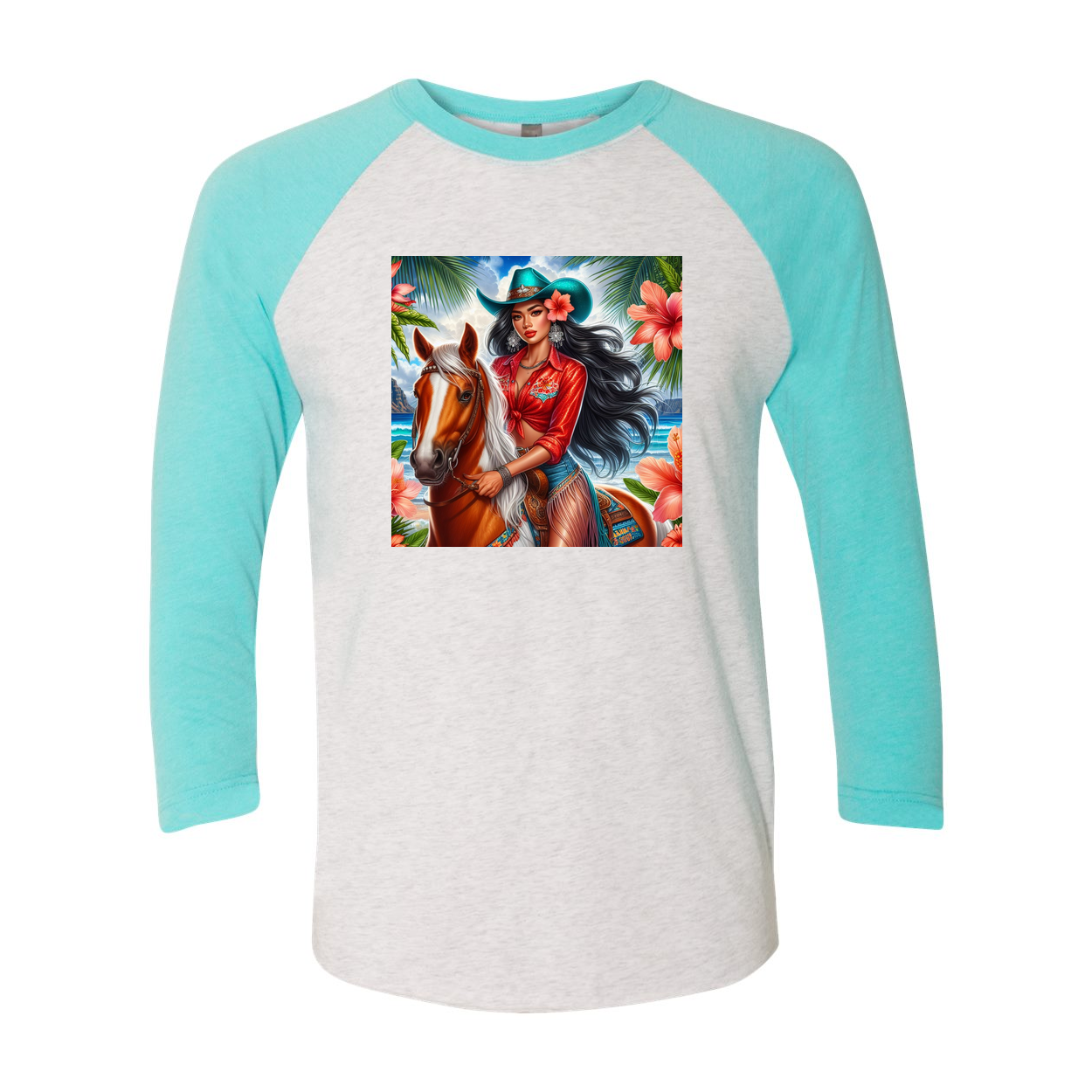 Hawaiian Cowgirl on Horse 3 4 Sleeve Raglan T Shirts
