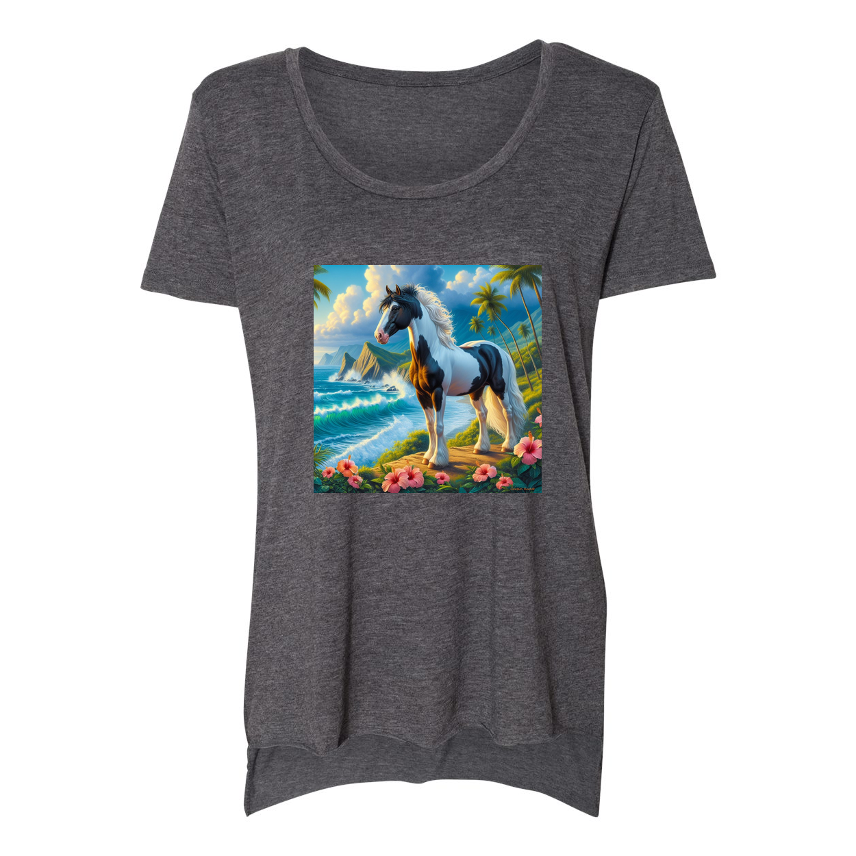 Tropical Black and White Paint Horse Scoop Neck T Shirts