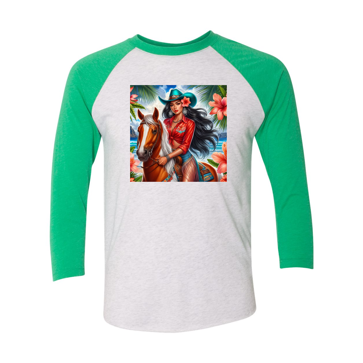 Hawaiian Cowgirl on Horse 3 4 Sleeve Raglan T Shirts