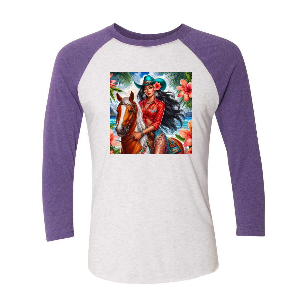Hawaiian Cowgirl on Horse 3 4 Sleeve Raglan T Shirts