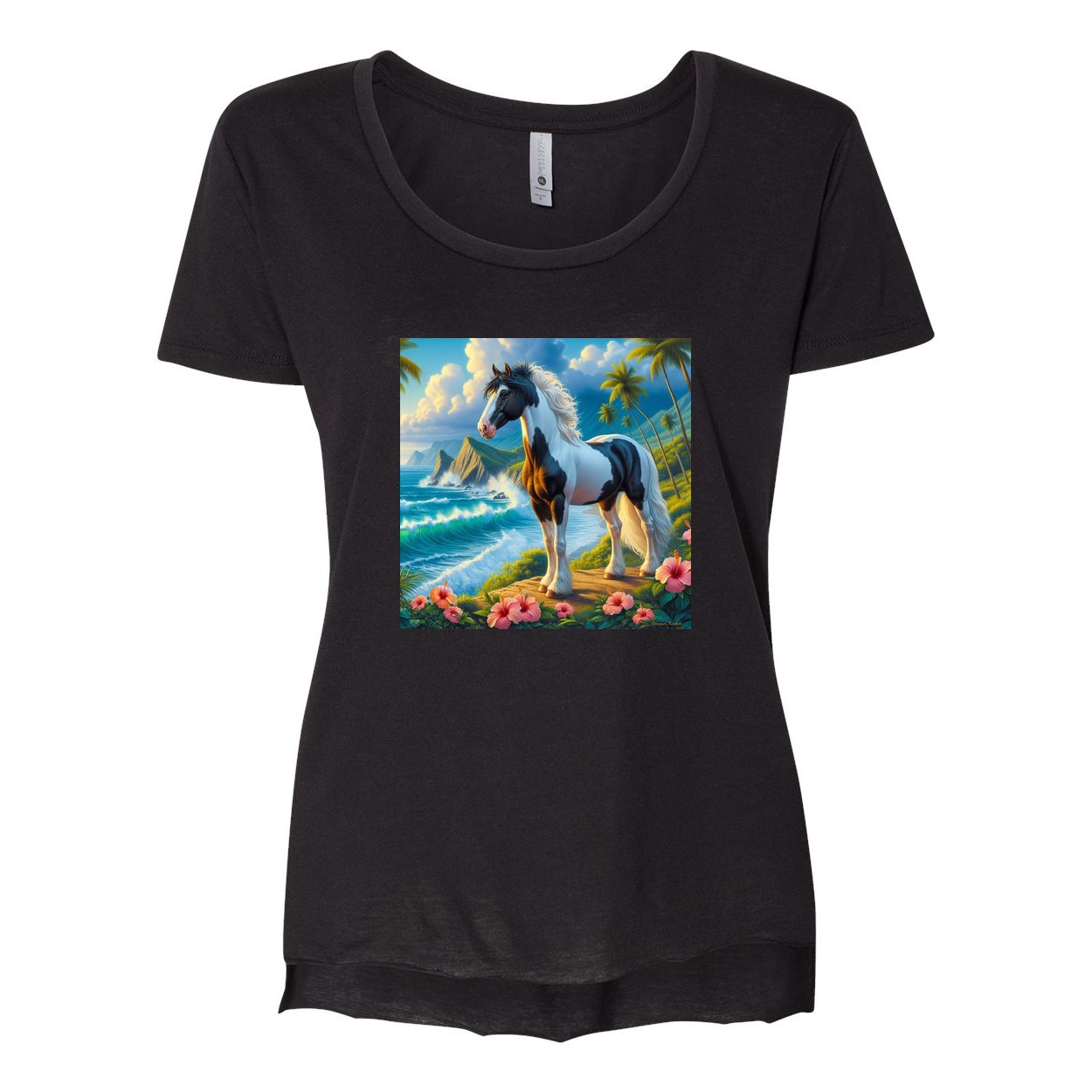 Tropical Black and White Paint Horse Scoop Neck T Shirts