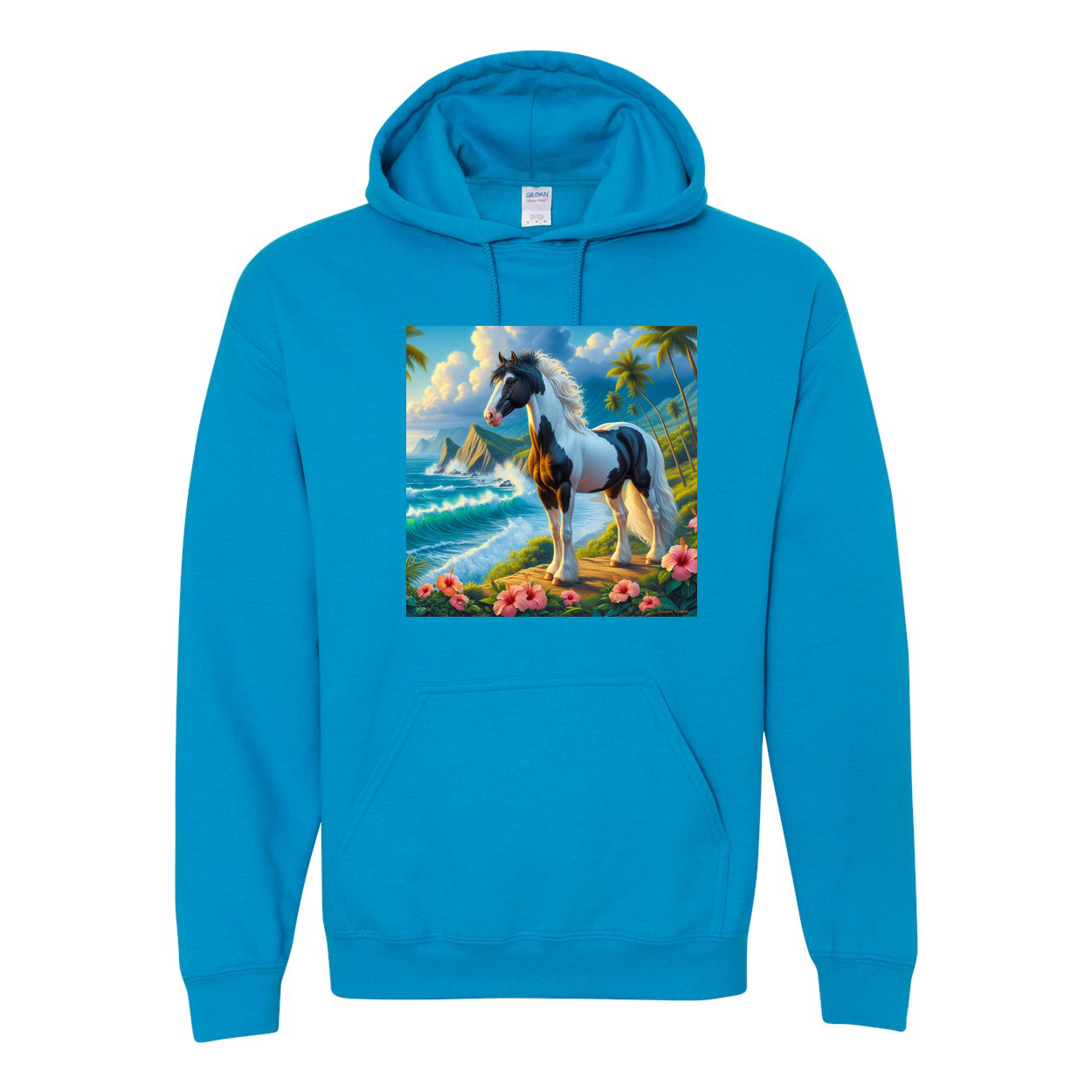 Tropical Black and White Paint Horse Pull over Front Pocket Hoodies