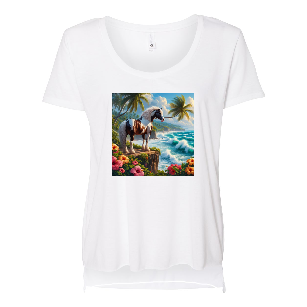 Tropical Red and White Horse Scoop Neck T Shirts