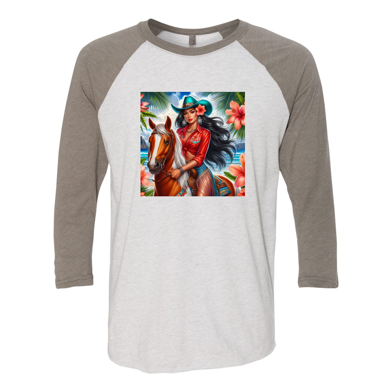 Hawaiian Cowgirl on Horse 3 4 Sleeve Raglan T Shirts