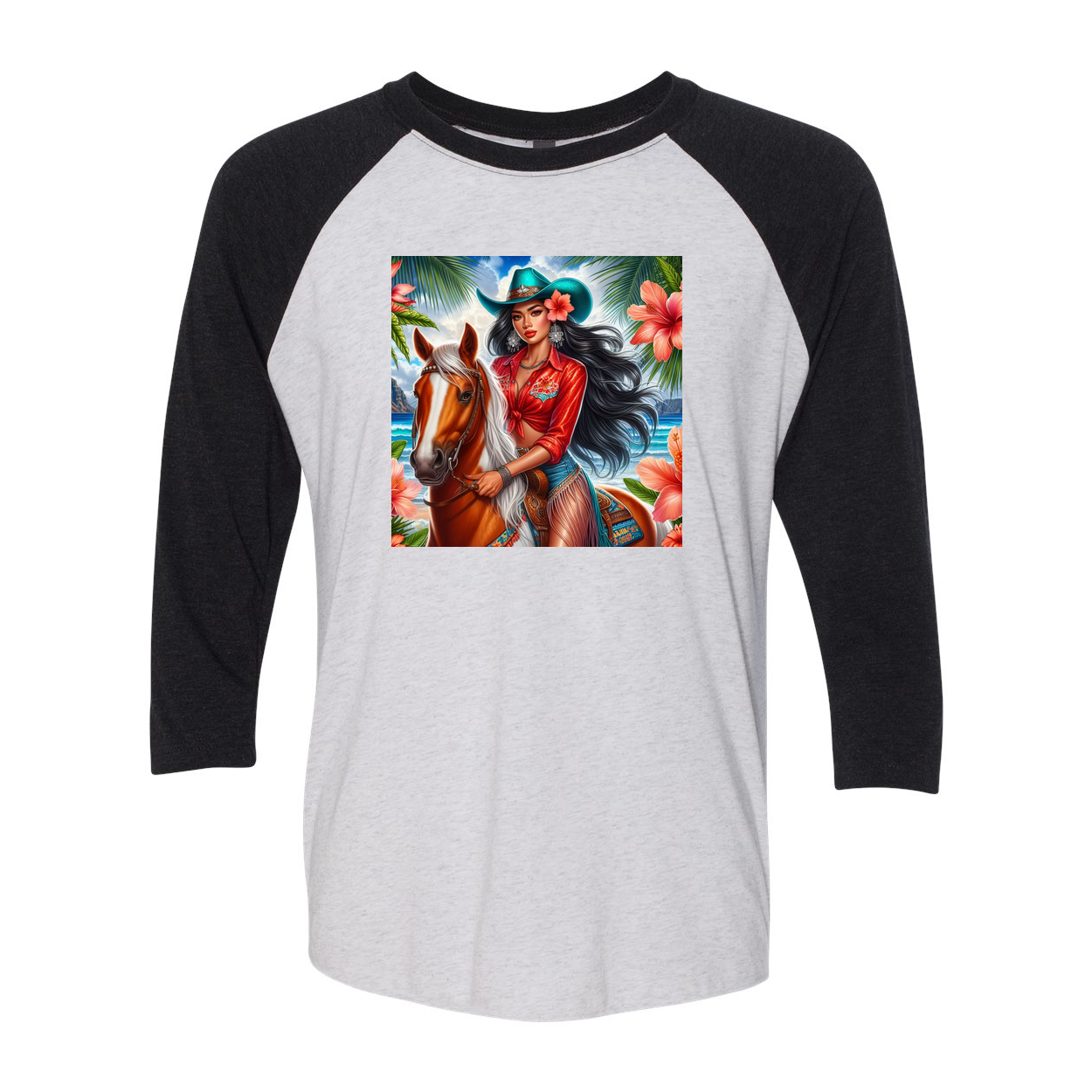 Hawaiian Cowgirl on Horse 3 4 Sleeve Raglan T Shirts