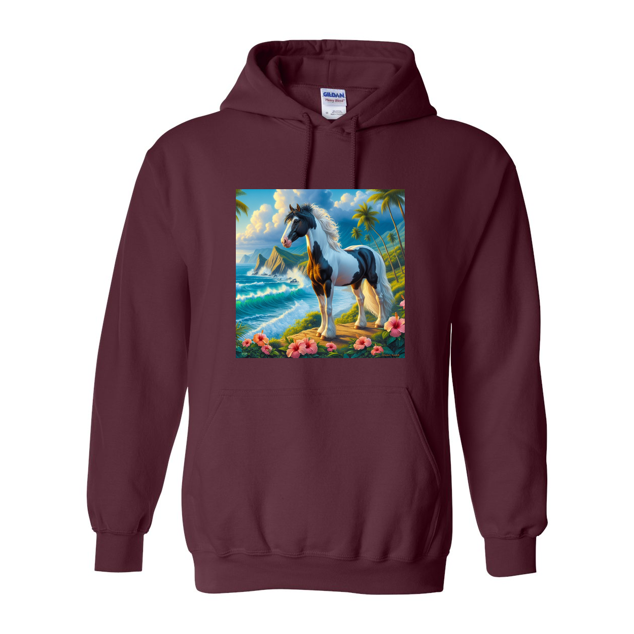 Tropical Black and White Paint Horse Pull over Front Pocket Hoodies