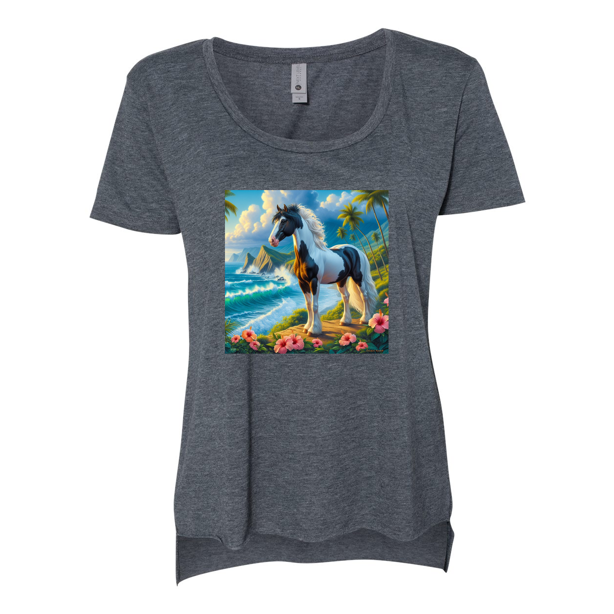 Tropical Black and White Paint Horse Scoop Neck T Shirts
