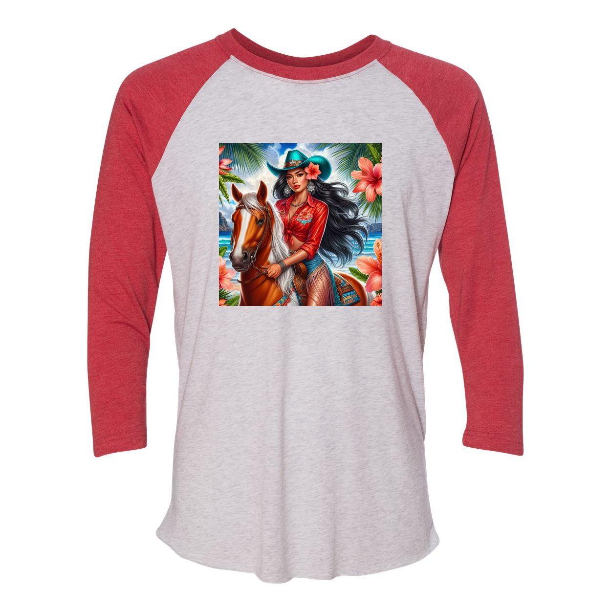 Hawaiian Cowgirl on Horse 3 4 Sleeve Raglan T Shirts