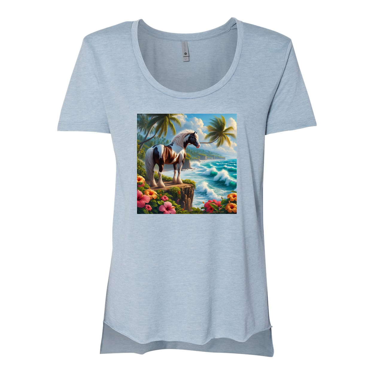 Tropical Red and White Horse Scoop Neck T Shirts