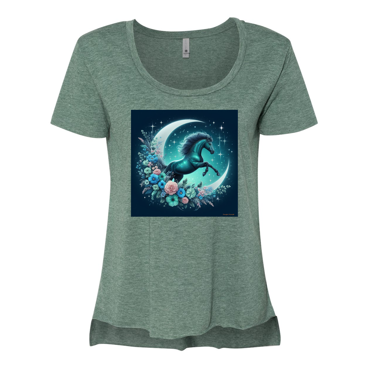 Moon Flowers Turquoise Horse Scoop Neck T Shirts