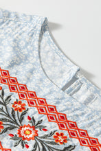 Load image into Gallery viewer, Sky Blue Boho Embroidered Floral Print Flutter Sleeve Blouse
