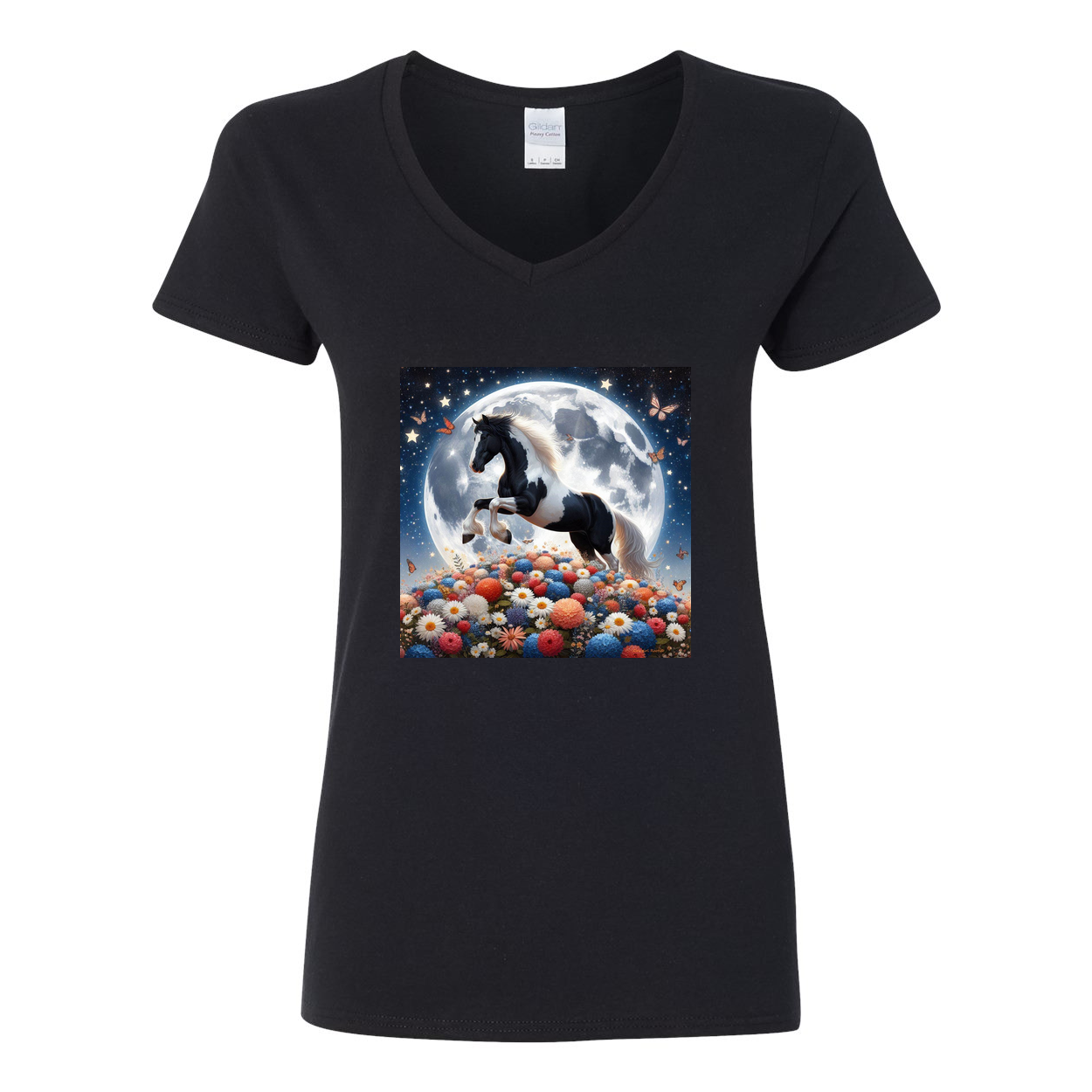 Spring Moon Horse V Neck T Shirts