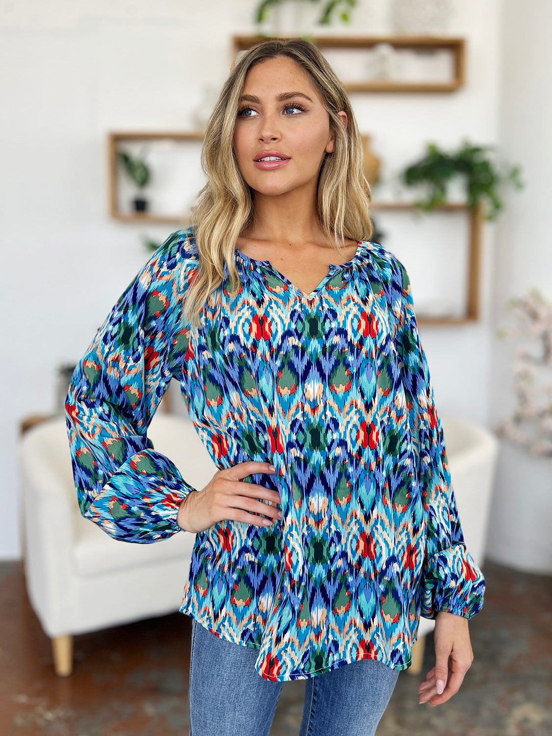 Double Take Full Size Printed Balloon Sleeve Blouse Choose Blue or Green