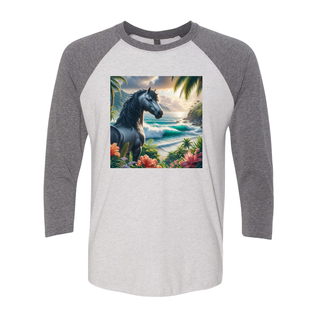 Tropical Grey Stallion Horse 3 4 Raglan T Shirts